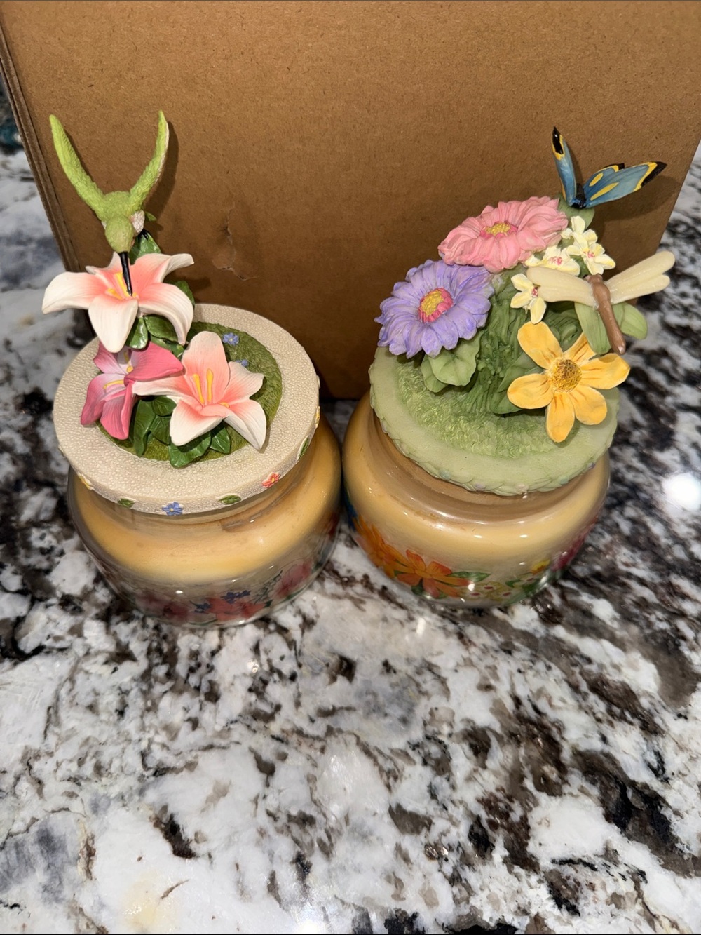 2 Avon Floral Candle Jars - Pink, Purple, Yellow & Green from 2002